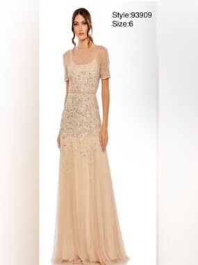 NWT- Mac Duggal Elegant Beaded Sheer Neckline Evening Gown in Nude silver color